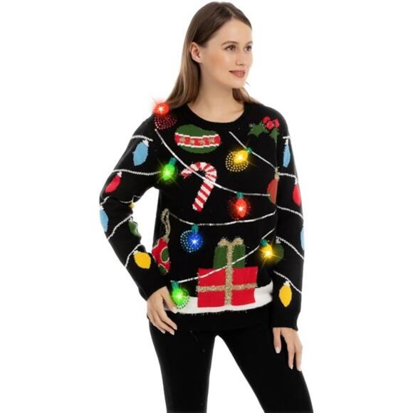 Womens LED Light Up String Light Ugly Christmas Sweater with Light Bulb Pullover - Picture 3 of 7